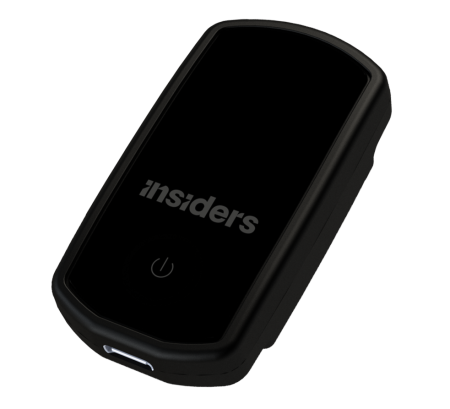 Omnisio Inspirit GPS unit: a compact black unit with the manufacturer’s name on its face and a charging port at one end.